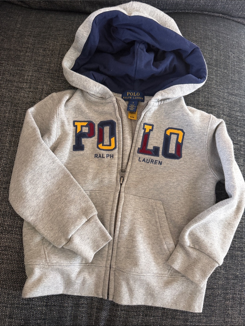 Polo by Ralph Lauren Gray Hoodie with Navy Lining and Multicolor Lettering